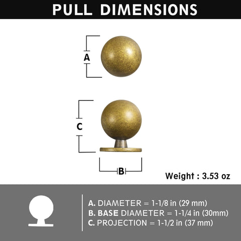 Set Of Twelve Sleek Round Antique Brass Cabinet Knobs For Rustic Modern Kitchens And Vintage Furniture Makeovers One And One Eighth Inch Diameter Durable Hardware For Cabinets Drawers And Dressers With Bold Rustic Charm, showing pull dimensions.