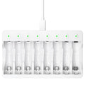 Top view of Beast 8 Bay Battery Charger for NiMH NiCD AA and AAA batteries with USB C fast charging independent slots smart charge.