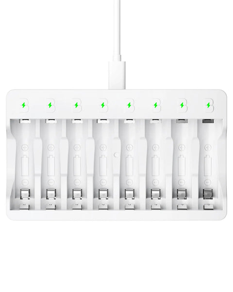 Top view of Beast 8 Bay Battery Charger for NiMH NiCD AA and AAA batteries with USB C fast charging independent slots smart charge.