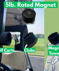 Dude Approved Magnetic Golf Ball Washer With Heavy Duty Mount shows 5lb rated magnet on golf cart, clubs, and towel.