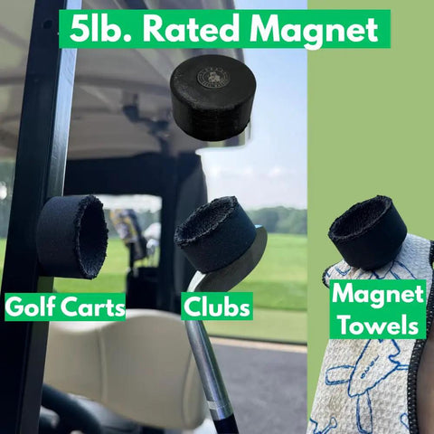 Dude Approved Magnetic Golf Ball Washer With Heavy Duty Mount shows 5lb rated magnet on golf cart, clubs, and towel.