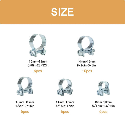 34-piece zinc-plated fuel line hose clamp set for automotive use, sizes 8–18 mm