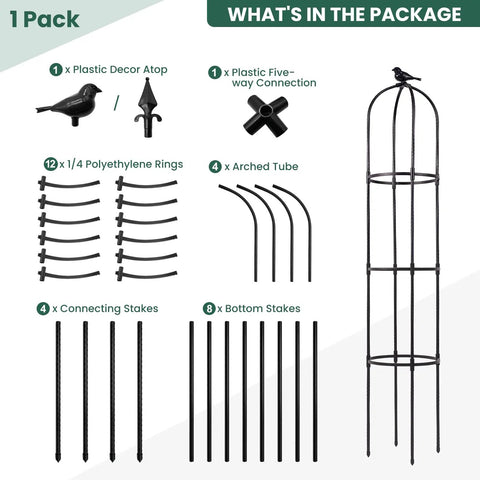 Garden Obelisk Trellis For Climbing Plants, 67-Inch Tall, 12-Inch Wide, 2 Pack, Lightweight Tubular Steel, components displayed