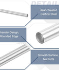 Ten Pack Carbon Steel Dowel Pins One Sixteenth By Five Eighths Inch Super Sturdy Oil Coated Round Pins details showing treated steel, chamfer design, and smooth surface.
