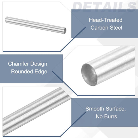 Ten Pack Carbon Steel Dowel Pins One Sixteenth By Five Eighths Inch Super Sturdy Oil Coated Round Pins details showing treated steel, chamfer design, and smooth surface.