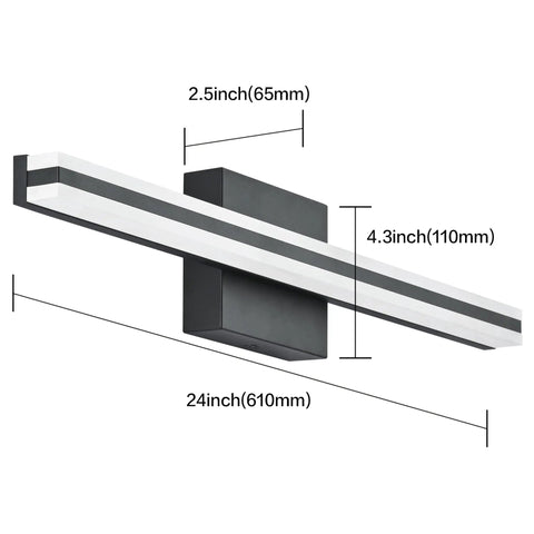24 Inch Dimmable Black LED Vanity Light For Bathroom Over The Mirror with dimensions and modern design details