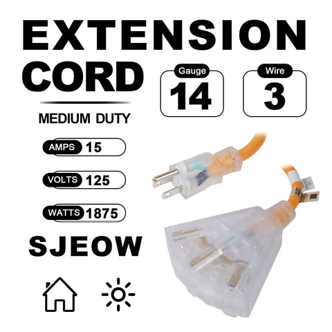 15 Foot Yellow Heavy Duty Extension Cord Built Like A Tank For Rugged Outdoor Work Sites Featuring 14 Gauge Pure Copper Conductors Alongside Six Grounded Receptacles Shrouded In All Weather Sjeow Rubber Sheath With Led Bulb showing clear plug and outlet details.