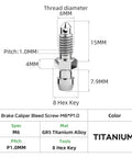 Tough As Nails Rust Free Titanium Brake Bleeder Bolts For Motorcycle Calipers, 6mm thread, GR5 titanium, precision measurement detail.