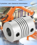 Aopin 10mm-to-10mm flexible beam coupling, silver aluminum with set screws (front view)