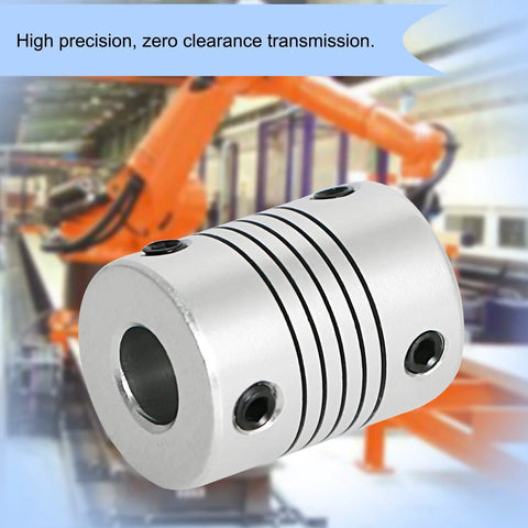 Aopin 10mm-to-10mm flexible beam coupling, silver aluminum with set screws (front view)