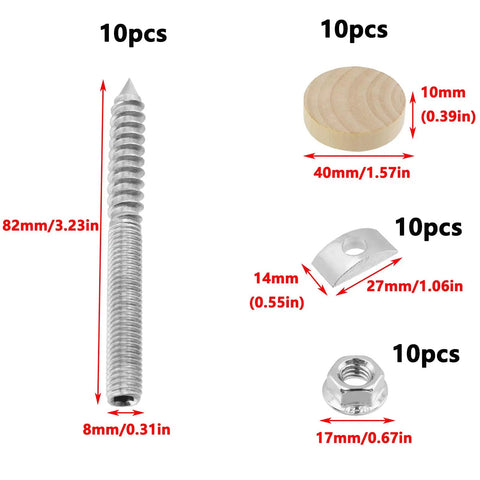 Stair Handrail Bolt Kit With M8 Hardware Pack 40 Piece Stainless Steel Set For Wood Furniture Includes shown components with dimensions