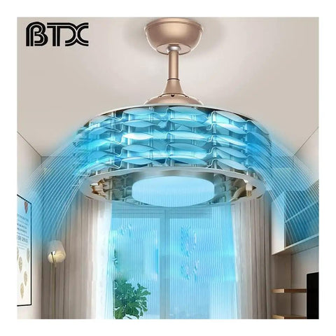 Modern Leafless Ceiling Fan And Led Light Fixture Slick Metallic Body with airflow system in living room setup.