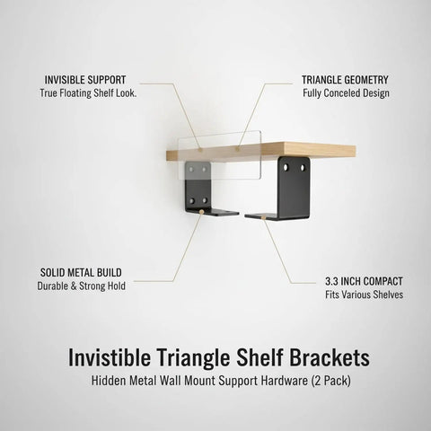 Image showing Hidden Triangle Shelf Brackets 2-Pack, Minimalist Metal Wall Mounts For Floating Shelves, 3.3 Inch Support, discreetly installed.