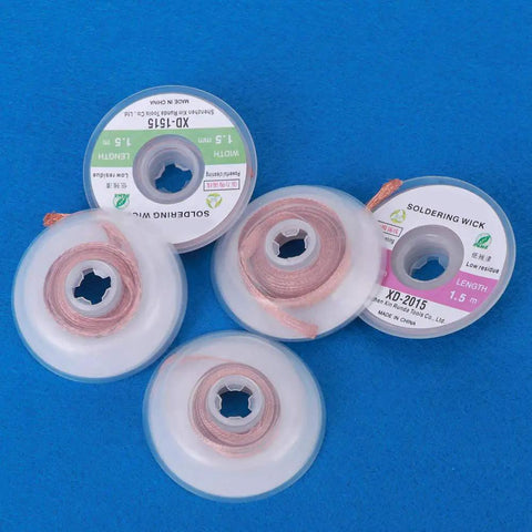 Five spools of Premium Copper Solder Wick Desoldering Braids for PCB Repair and Electronics Soldering, visible sizes include 1.5mm.