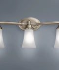 Eva 3 Light Brushed Nickel Vanity Light With Frosted Glass Dual Mount Bath Fixture shown on gray wall