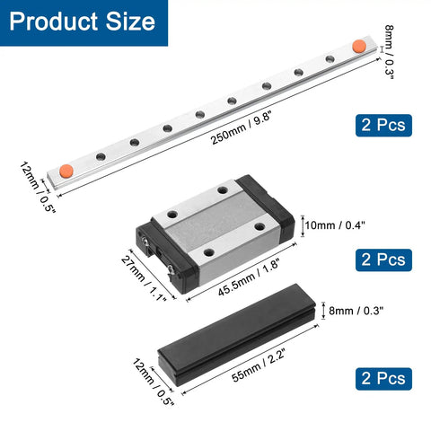 Two Pack 250mm MGN12 Linear Guide Rail Set with dimensional details for DIY 3D Printer and CNC Machines.