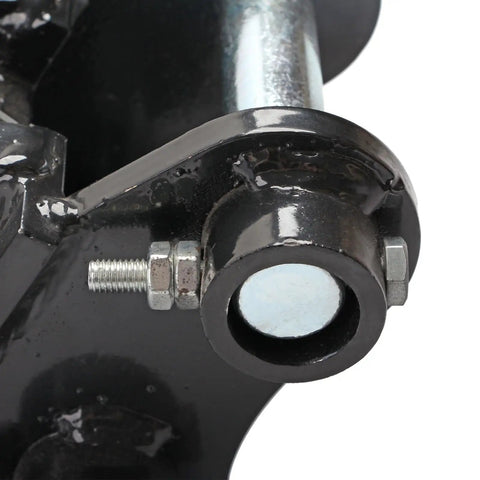 Close-up of a metal Quick Change Hitch Attachment for Mini Excavators Up To 3 Tons, showing bolt and pin detail.