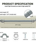 Product diagram of Power Whip Assembly Kit Half Inch By Six Foot Non Metallic Liquid Tight Flexible Electrical Conduit with specs.