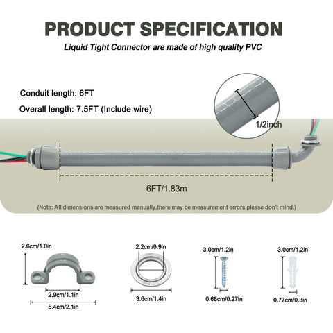 Product diagram of Power Whip Assembly Kit Half Inch By Six Foot Non Metallic Liquid Tight Flexible Electrical Conduit with specs.
