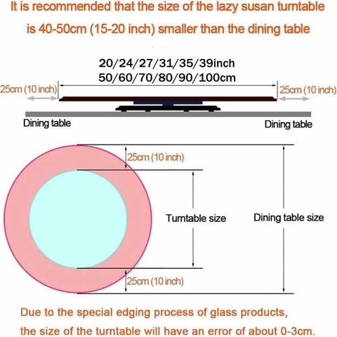 Image showing size recommendations for Premium Tempered Glass Lazy Susan Turntable And Slick Swivel Serving Tray for dining tables.