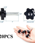 Bulletproof Black Plastic Star Knob Clamping Screws With Quarter Inch Carbon Steel Inserts And Knurled Thumb Grips For No Sweat Installation And Quick Adjustments Pack Of Twenty displayed with size dimensions and hand for scale.