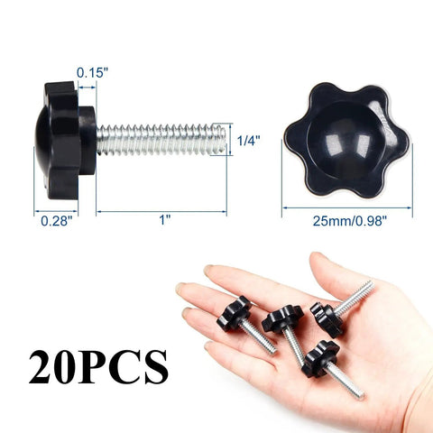 Bulletproof Black Plastic Star Knob Clamping Screws With Quarter Inch Carbon Steel Inserts And Knurled Thumb Grips For No Sweat Installation And Quick Adjustments Pack Of Twenty displayed with size dimensions and hand for scale.