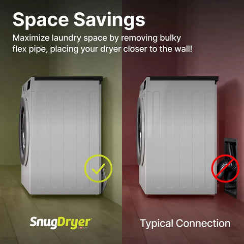 Comparison of SnugDryer Space Saving Dryer Vent Connection Kit with traditional vent, highlighting space efficiency in laundry room.