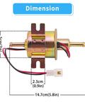 Universal 12V Inline Electric Fuel Pump Low Pressure 2.5 To 4 PSI For Gasoline Or Diesel Engines With Metal Construction Ideal For Motorcycle Carburetors ATVs Trucks Boats And Other Automotive Marine Applications, side view showing dimensions.