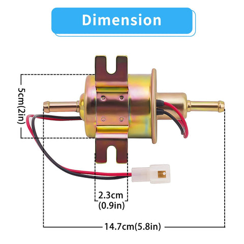 Universal 12V Inline Electric Fuel Pump Low Pressure 2.5 To 4 PSI For Gasoline Or Diesel Engines With Metal Construction Ideal For Motorcycle Carburetors ATVs Trucks Boats And Other Automotive Marine Applications, side view showing dimensions.