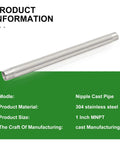 Product information for Two Pack 1 Inch NPT Male Stainless Steel Pipe Nipples, 12 Inch Length, 304 Grade, corrosion resistant, DIY friendly