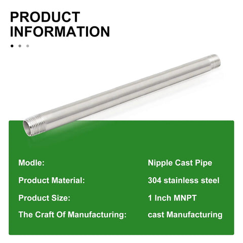 Product information for Two Pack 1 Inch NPT Male Stainless Steel Pipe Nipples, 12 Inch Length, 304 Grade, corrosion resistant, DIY friendly