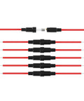 Top Shelf 5X20MM Inline Fuse Holder Screw Type With 22 AWG Wire For Fast Blow Glass Fuses 6 Pack showing red wires and connectors.