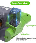 Close-up of Portable 2 In 1 Electric Strapping Machine With Automatic Welding Tensioner display panel showing settings for tightening force and welding time.