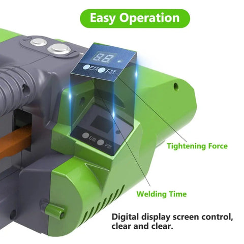 Close-up of Portable 2 In 1 Electric Strapping Machine With Automatic Welding Tensioner display panel showing settings for tightening force and welding time.