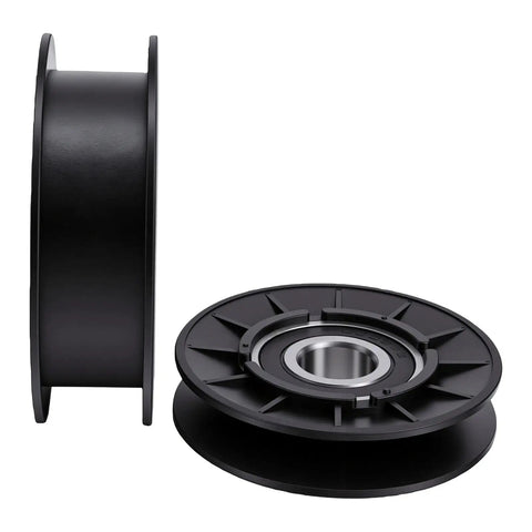 Kick Start Your Lawn Mowerdeck With This Epic Idler Pulley Kit Featuring GX20286 And GX20287 For D140 D130 D100 LA Series Zero Effort Belt Tracking And Smooth Cutting Performance Without Any Wobble. Black idler pulley kit with sealed bearing and plastic housing, shown front and side