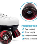 Close-up of white quad skate with 8 Pack Roller Skate Wheels With Bearings Installed And 2 Toe Stoppers, 32mm By 58mm, 82A Hardness.