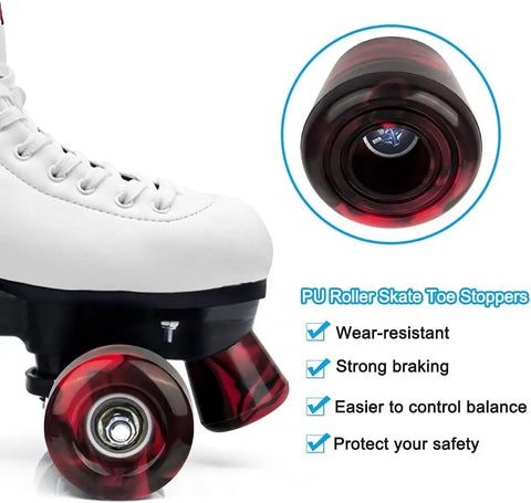 Close-up of white quad skate with 8 Pack Roller Skate Wheels With Bearings Installed And 2 Toe Stoppers, 32mm By 58mm, 82A Hardness.