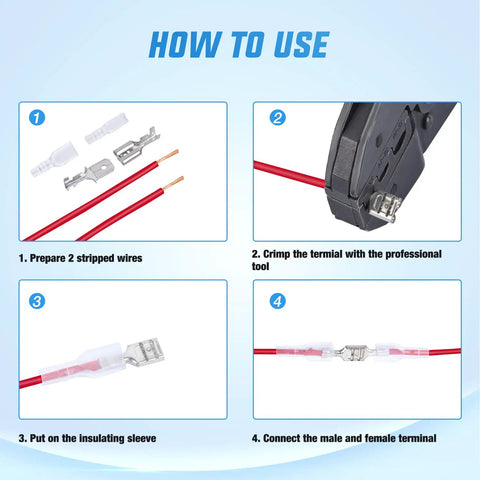 How to use Insulated Male And Female Spade Terminals Quick Splice Assortment Tin Plated Copper Open Barrel Wire Connectors