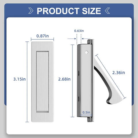 Dope Pocket Door Hardware Set With Edge Pulls And Flush Recessed Pulls in Brushed Nickel, dimensions labeled for clarity