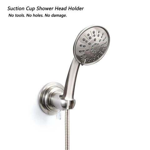 No Drill Suction Cup Shower Head Holder With Adhesive Discs Heavy Duty Wall Mount Bracket For Glass Tile Stainless Steel Removable Brushed Nickel Shower Head Bracket Holds Up To 7.5 Lbs