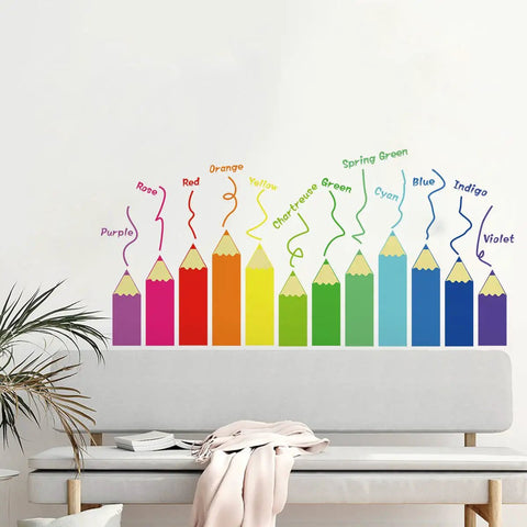 Colorful Kids Educational Wall Decals Set For Nursery Playroom Classroom Peel And Stick Removable Wall Stickers For Bedroom Doors And Windows Kid Friendly Learning Decor That Sparks Curiosity And Makes Busy Spaces More Fun showing pencil designs on a wall above a couch.