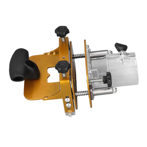 Rock Solid Stainless Steel Router Mortising Jig Acting As A Slick Woodworking Slotting Positioner With Dead Nuts Adjustable Depth Stops For Efficient Joinery And Smooth DIY Cabinetry close-up view with handle and depth adjustment.