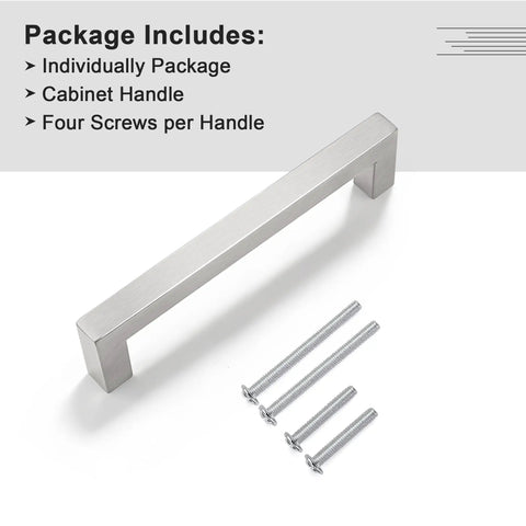 10 Pack Five Inch Hole Centers Brushed Nickel Cabinet Pulls Stainless Steel Square Kitchen Drawer Pulls shown with screws
