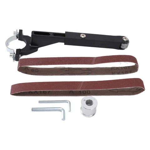 Solid Quality Belt Sander Adapter For Angle Grinders, with 100 mm abrasive straps and mounting tools for quick assembly.