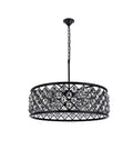 Eight Light Crystal Pendant Lamp Mocha Bronze Polished Nickel Ceiling Fixture Hand Forged Iron Grid Royal Cut Clear Glass Orbs from below showing crystal design and black grid.