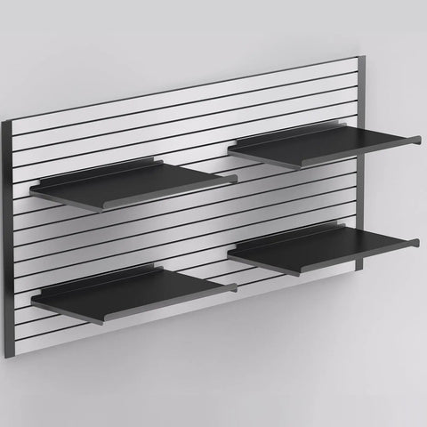 Four Pack 17 By 10 Inch Metal Slatwall Shelves For Garage Or Shop Display, Rust Resistant Black Finish, installed on slatwall
