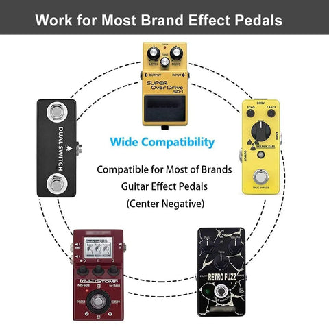 Image showing compatibility of 9V 500mA Guitar Pedal Power Supply For Most Effects Pedals AC Wall Charger with various pedals.