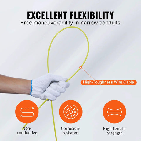 200 Ft Fiberglass Fish Tape For Electrical Wiring glides through tight cavities held in hand, showing high-toughness wire cable features.