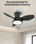 Quiet 32 Inch Ceiling Fan With LED Light And DC Motor, Remote Control, installed in a small room setting, black finish.
