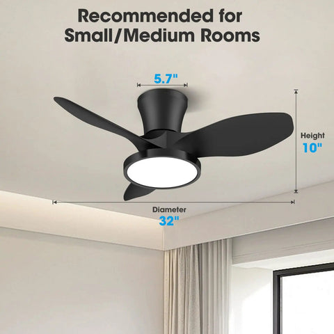 Quiet 32 Inch Ceiling Fan With LED Light And DC Motor, Remote Control, installed in a small room setting, black finish.